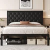 Leather Upholstered Metal Slats Support Platform Bed Frame