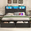 Bed Frame with Bookcase Storage Headboard, Charging Station, LED Light and 2 Storage Drawers, Noise Free, No Box